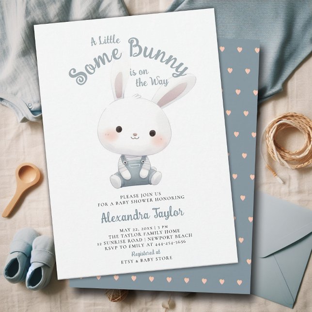 Little Some Bunny Overalls Cute Baby Boy Shower Invitation (a little bunny baby boy shower invitation springtime easter garden picnic dusty blue overalls cute)
