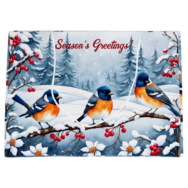 Little Songbirds in a Snowy Landscape Christmas Large Gift Bag (Front)