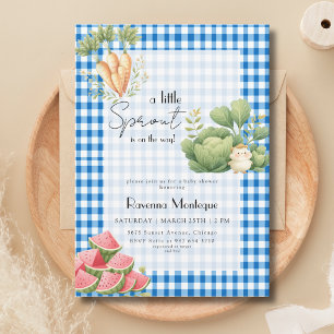 Little Sprout Blue Gingham Veggie Cute Baby Shower Invitation