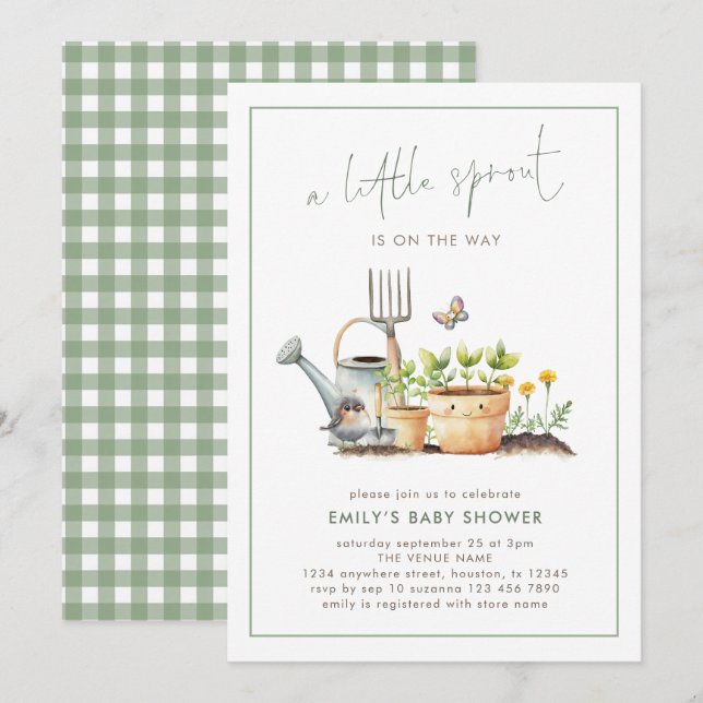 Little Sprout Border Sage Gingham Baby Shower  Invitation (Front/Back)