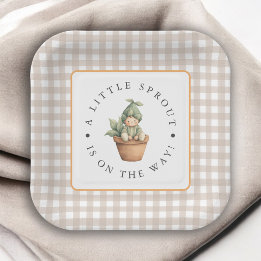Little Sprout Neutral Beige Gingham Baby Shower Paper Plate