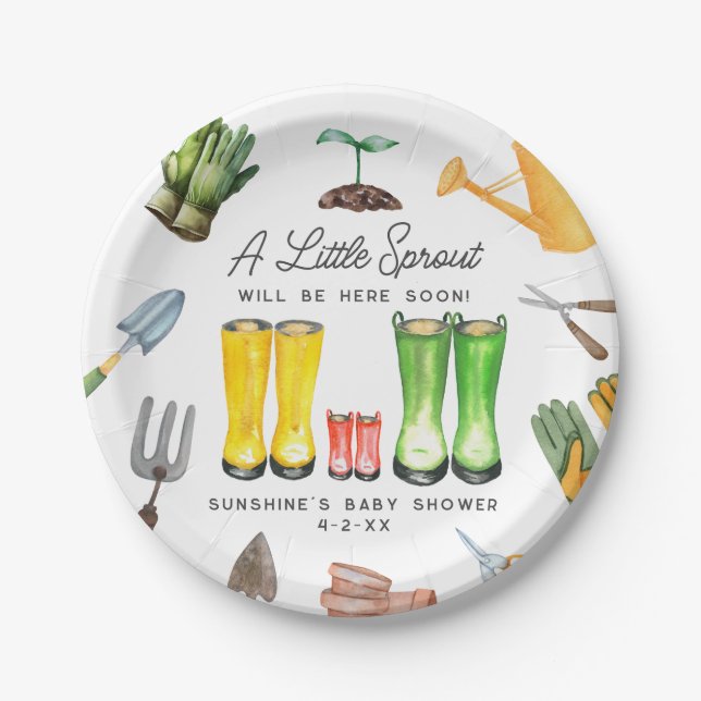Little Sprout Red Rain Boots Garden Baby Shower Paper Plate (Front)