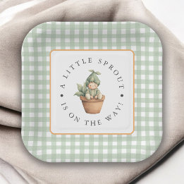 Little Sprout Sage Green Gingham Baby Shower Paper Plate