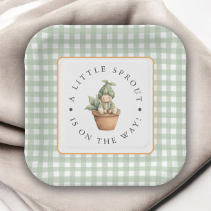 Little Sprout Sage Green Gingham Baby Shower Paper Plate