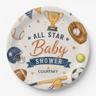 Little Star Baby Shower Sports Football Baseball Paper Plate