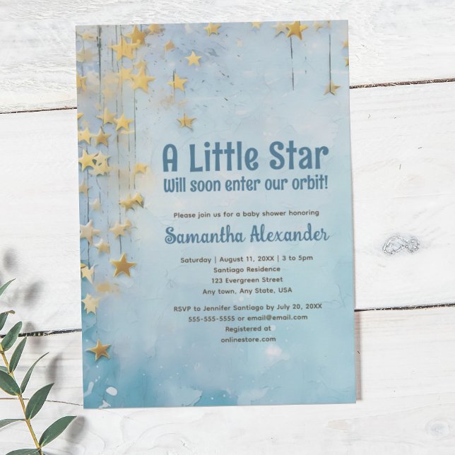 Little Star blue baby shower Invitation (Little Star blue baby shower invitation. Celestial. Hanging stars on twilight blue background.)