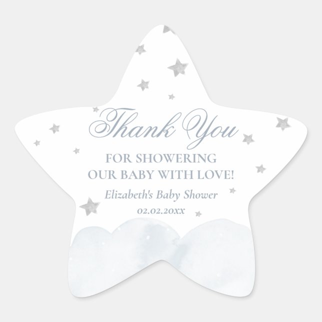Little Star Grey Blue Baby Shower Thank You Star Sticker (Front)