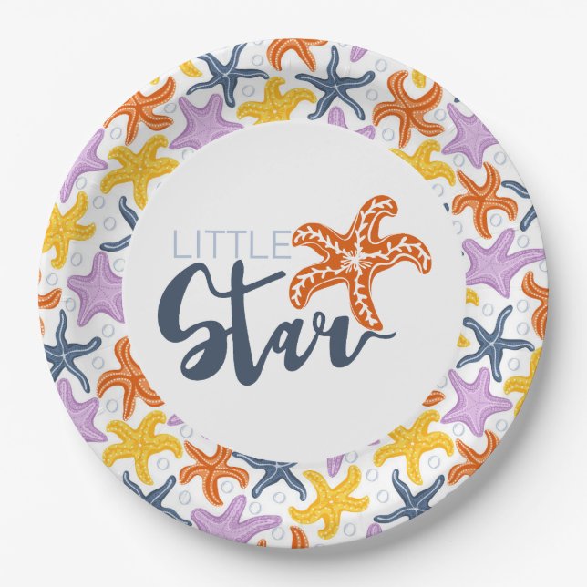 Little star with colorfull starfishes on white paper plate (Front)