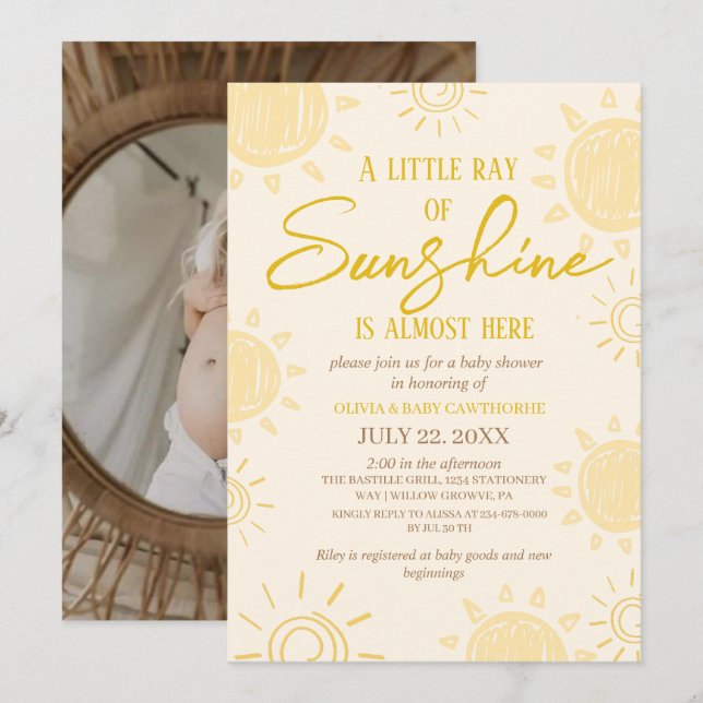 Little Sun Hand Written photo Baby Shower  Invitation (Front/Back)