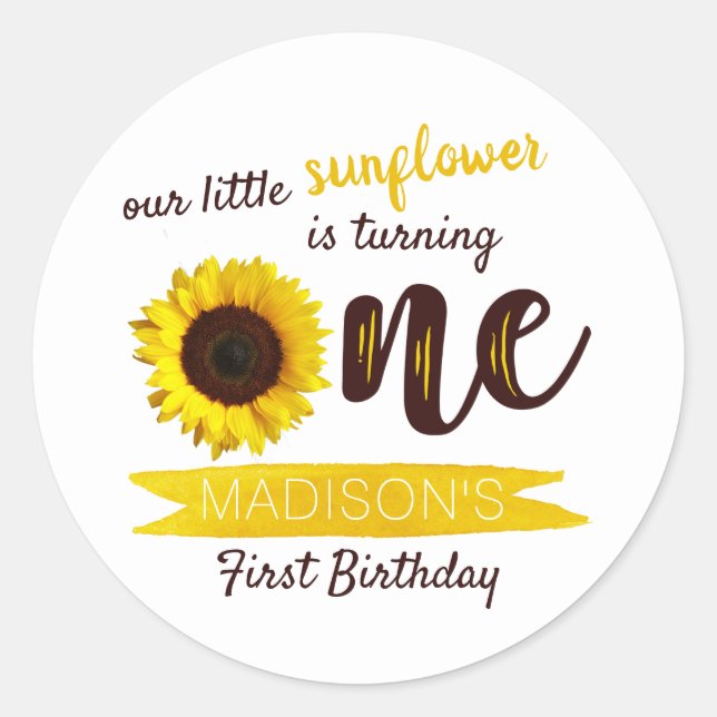 Little Sunflower 1st Birthday Classic Round Sticker (Front)
