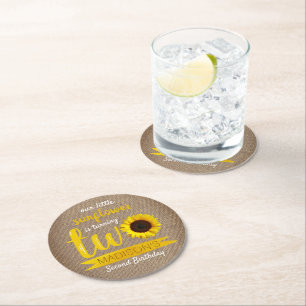 Little Sunflower 2nd Birthday Party Round Paper Coaster
