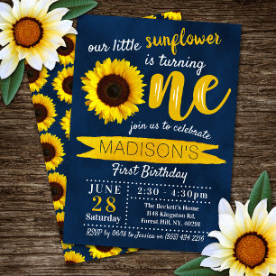 Little Sunflower Navy Blue 1st Birthday Invitation