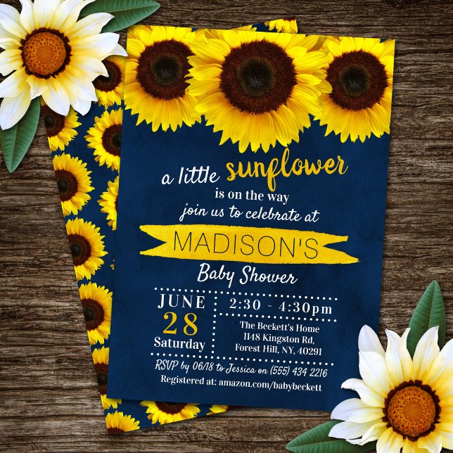 Little Sunflower Navy Blue Baby Shower Invitation (Creator Uploaded)
