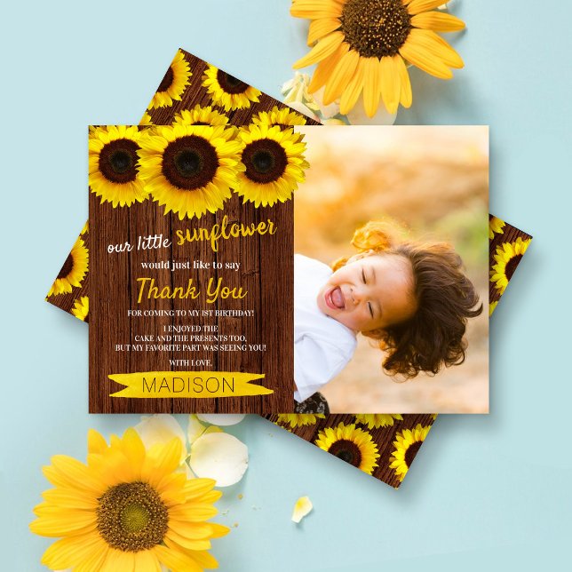 Little Sunflower Rustic Wood Photo Birthday Thank You Card (Creator Uploaded)