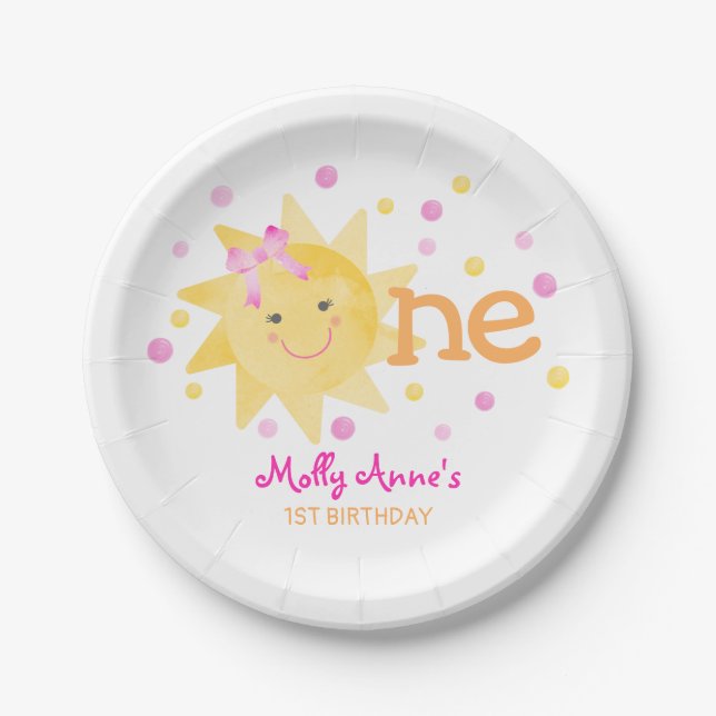 Little Sunshine 1st Birthday Girl Pink Yellow Paper Plate (Front)