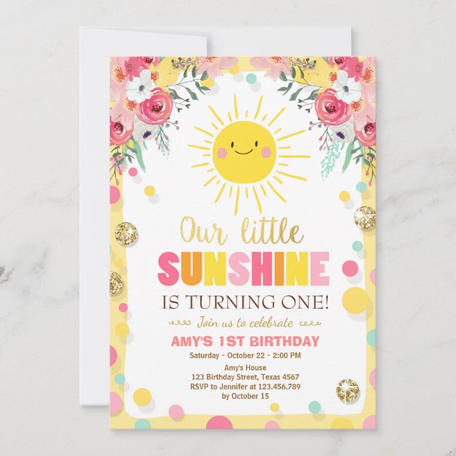 Little sunshine Birthday invitation Pink Floral (Front)