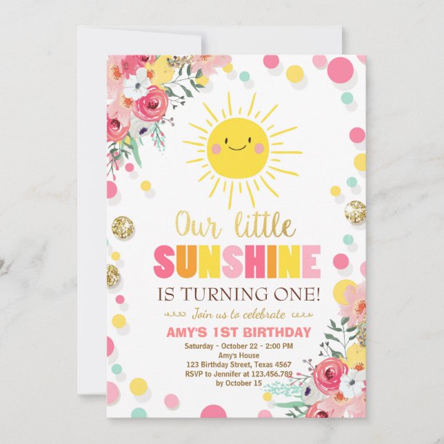 Little sunshine Birthday invitation Pink Floral (Front)