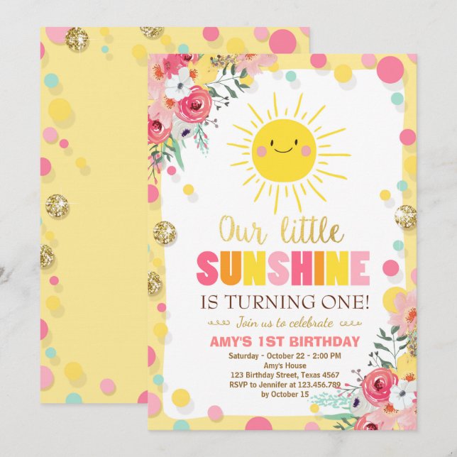 Little sunshine Birthday invitation Pink Floral (Front/Back)
