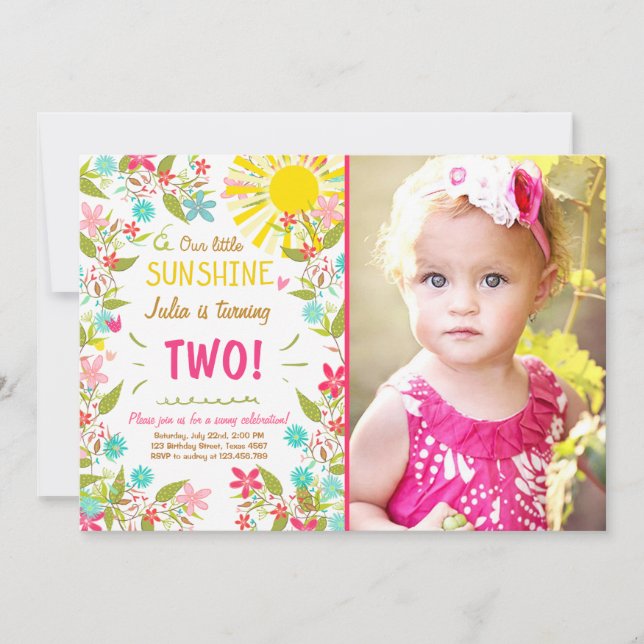 Little Sunshine Birthday Party Invitation Floral (Front)
