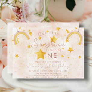 Little Sunshine Boho Rainbow Gold Star Birthday Invitation