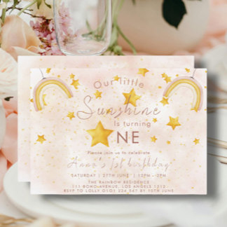 Little Sunshine Boho Rainbow Gold Star Birthday Invitation