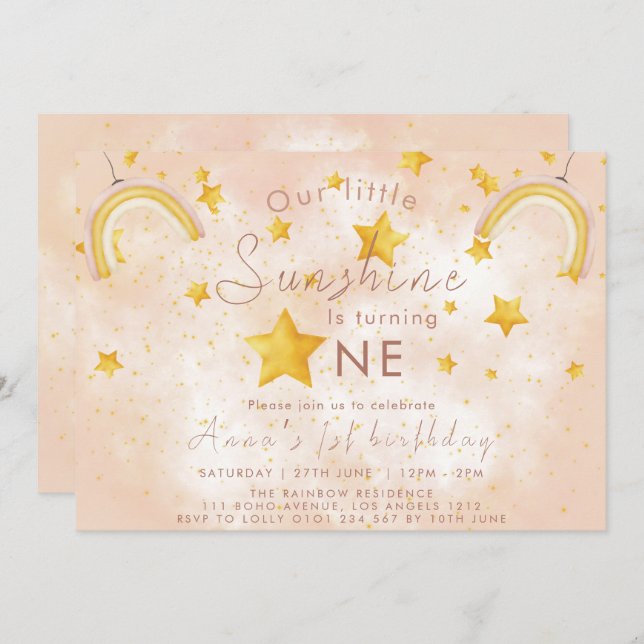 Little Sunshine Boho Rainbow Gold Star Birthday Invitation (Front/Back)