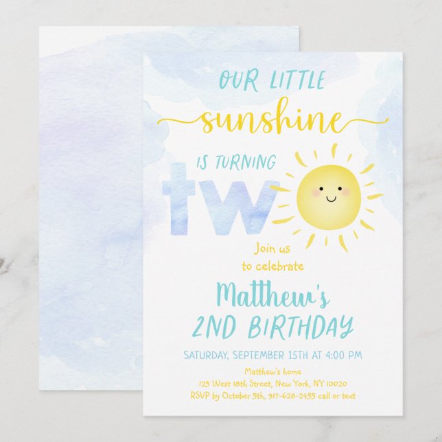Little Sunshine Boy Second Birthday Invitation (Front/Back)