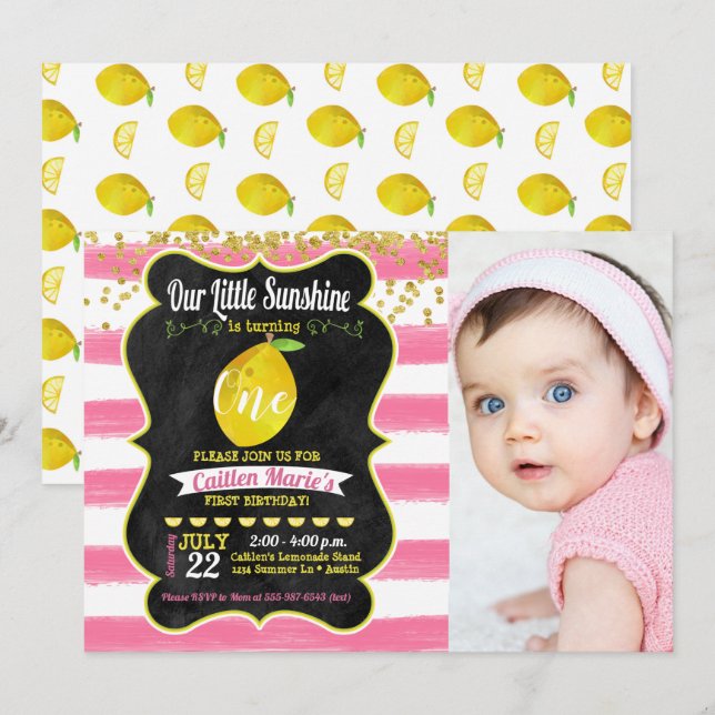 Little Sunshine Lemon Birthday Photo Invitation (Front/Back)