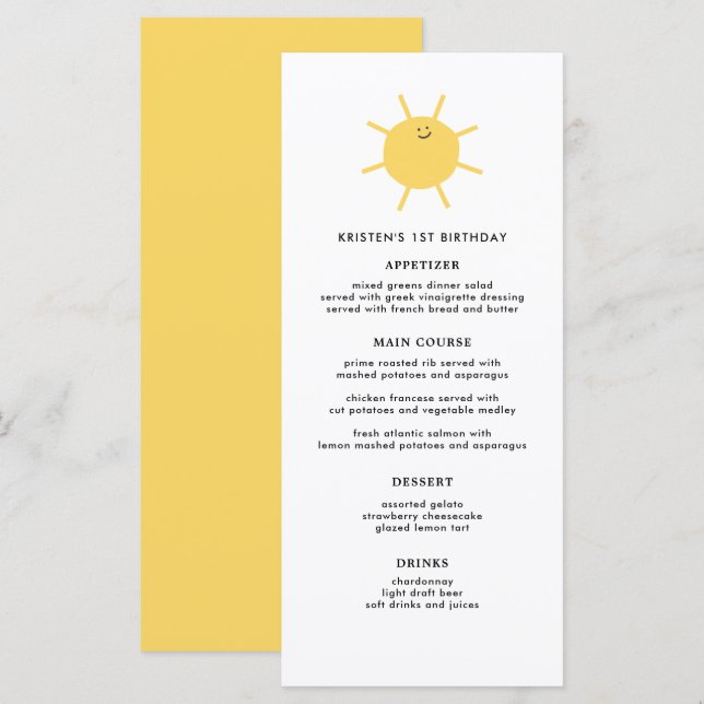 Little Sunshine Party  Menu (Front/Back)