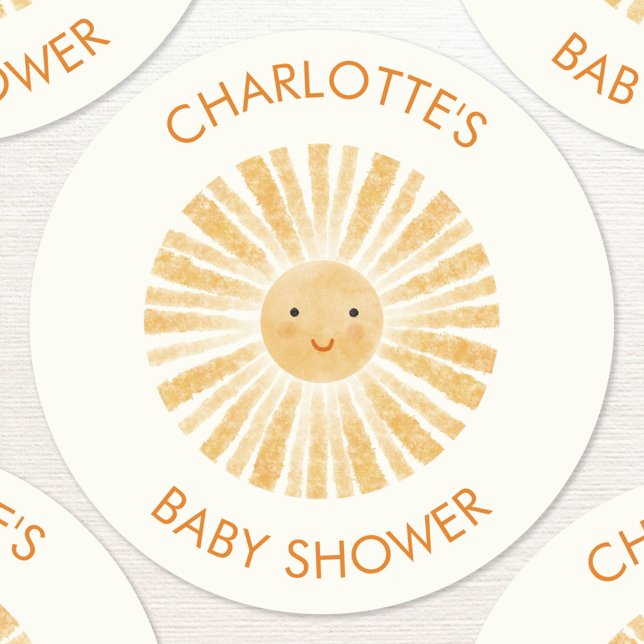 Little Sunshine Personalized Baby Shower Classic Round Sticker (Fun personalized watercolor sunshine baby shower stickers with custom name and text)