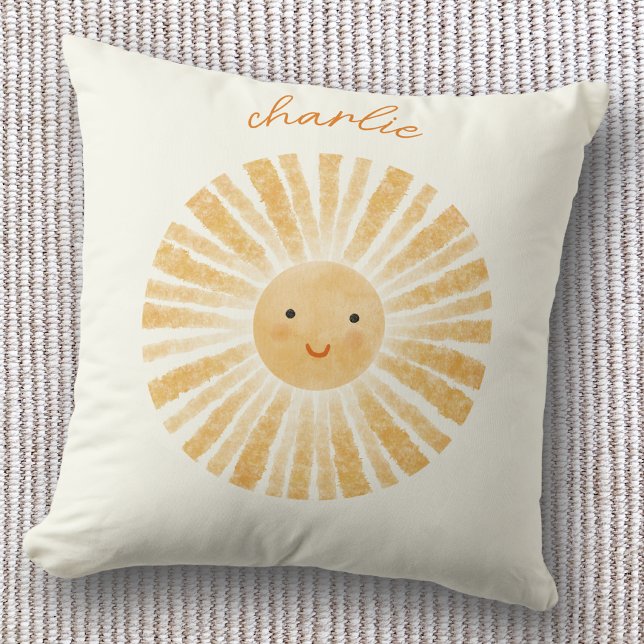 Little Sunshine Personalized Throw Pillow (Happy little watercolor sunshine personalized custom name throw pillow, ideal for nursery decor)