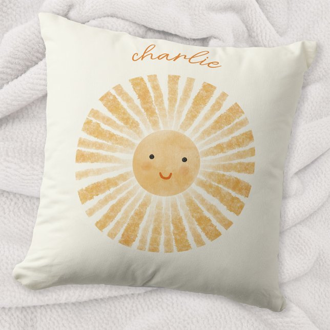 Little Sunshine Personalized Throw Pillow (Happy little watercolor sunshine personalized custom name throw pillow, ideal for nursery decor)