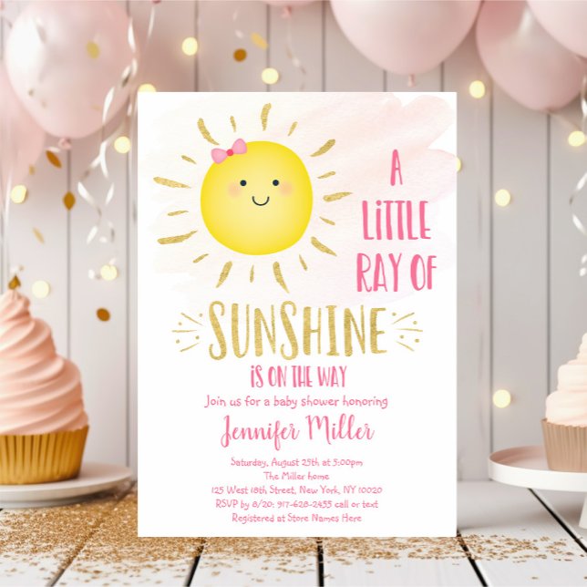 Little Sunshine Pink & Gold Baby Shower Invitation (Creator Uploaded)