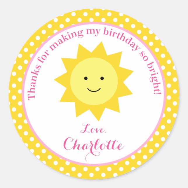 Little Sunshine Pink Yellow Birthday Party Favour Classic Round Sticker (Front)