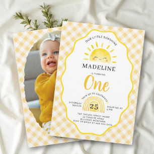 Little Sunshine Sun Gingham Photo 1st Birthday Invitation