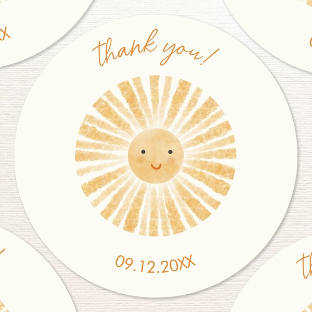 Little Sunshine Thank You Classic Round Sticker (Little ray of sunshine custom text thank you stickers with date)