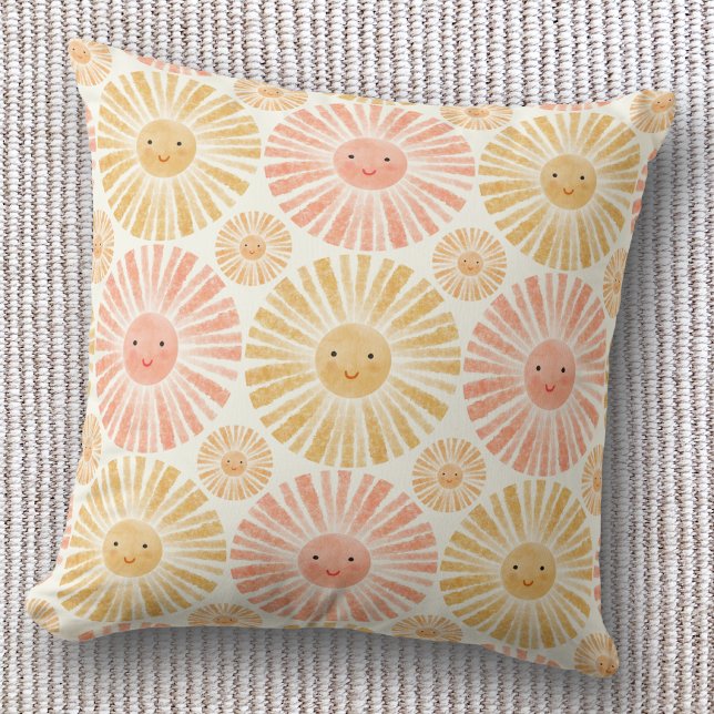 Little Sunshine Watercolor Pattern Throw Pillow (Happy watercolor sunshine pattern throw pillow, ideal for nursery or kids room)