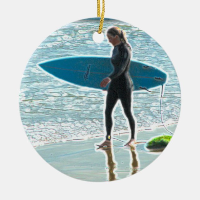 Little Surfer Girl Ceramic Ornament (Front)