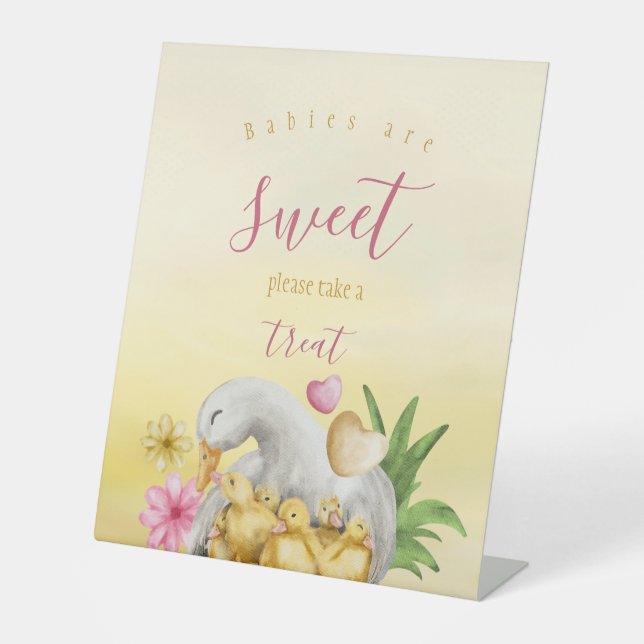 Little Sweet Heart Yellow Mommy Duck & Baby Shower Pedestal Sign (Front)