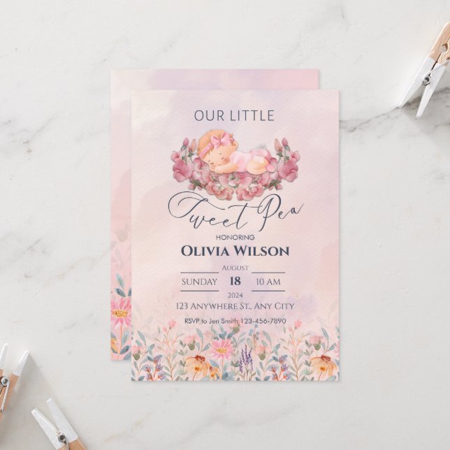 Little Sweet Pea | Cute Pink Flowers Baby Shower Invitation (Front/Back In Situ)