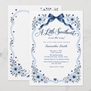 Little Sweetheart Blue Floral Bow Baby Shower Invitation