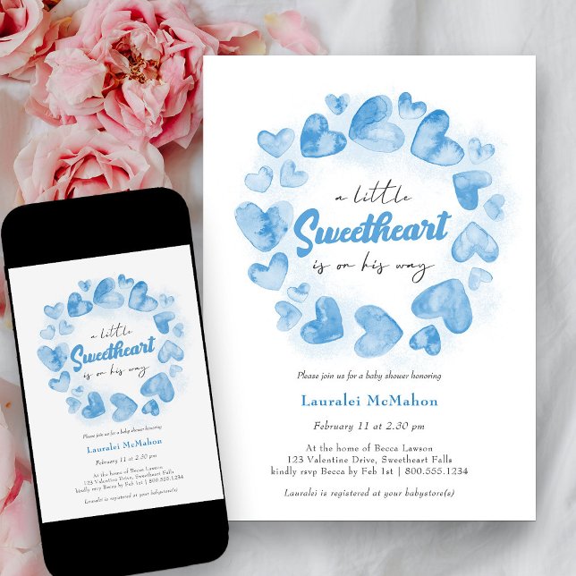 Little Sweetheart Blue Valentine Boy Baby Shower Invitation (Little Sweetheart Blue Love Heart Baby Shower Invitation)
