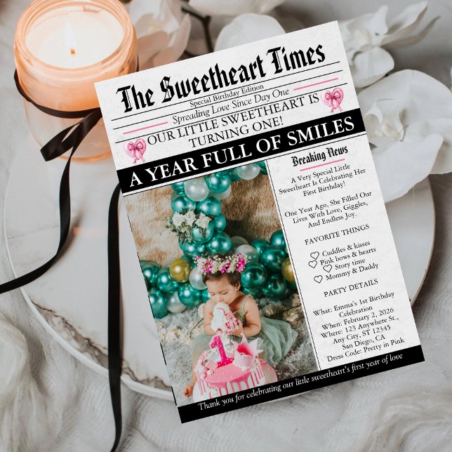 Little Sweetheart Bow First 1st Birthday photo Invitation (Creator Uploaded)