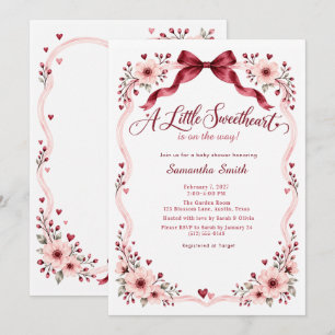 Little Sweetheart Burgundy Bow Flower Baby Shower Invitation