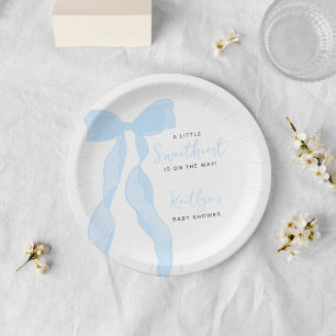 Little Sweetheart Elegant Blue Bow Baby Shower Paper Plate