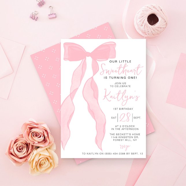 Little Sweetheart Elegant Pink Bow Birthday Party Invitation (Creator Uploaded)