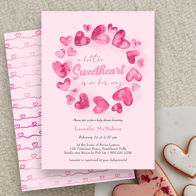 Little Sweetheart Pink Heart Valentine Baby Shower Invitation (Little Sweetheart is on her Way Baby Shower Invitation)
