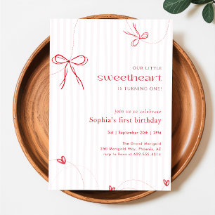 Little Sweetheart Pink Red Bow Heart 1st Birthday Invitation
