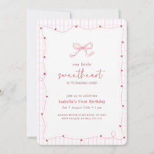 Little Sweetheart Pink Red Bow Heart 1st Birthday Invitation