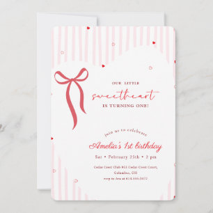 Little Sweetheart Pink Red Bow Love First Birthday Invitation
